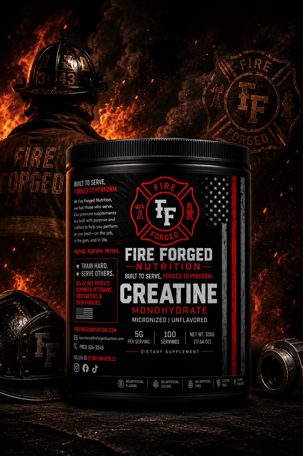 Fire Forged Nutrition Creatine Monohydrate product in a firehouse-inspired setting